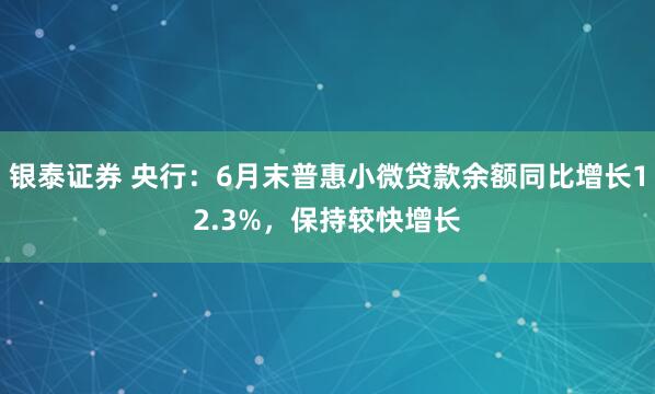 银泰证券 央行：6月末普惠小微贷款余额同比增长12.3%，保持较快增长